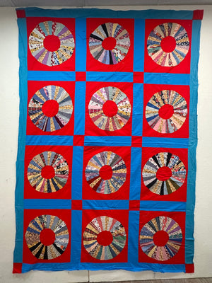 Blue & Red circle Vintage quilt top