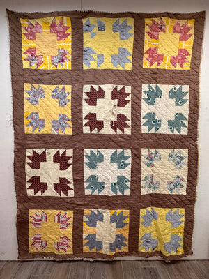 brown yellow "cutter" quilt- Vintage quilt